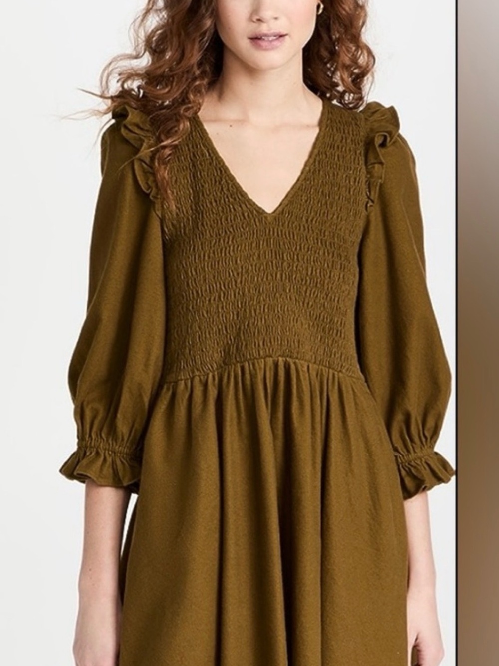 Madewell Olive Green Smocked V-Neck Long Sleeve Dress